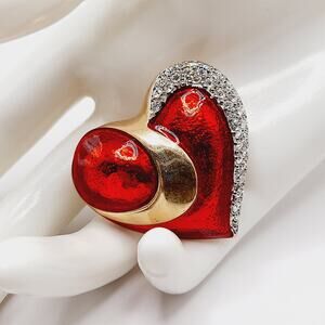 Vintage Red Enamel CZ Heart Brooch Christmas Pin 1.5 Inch European Style
